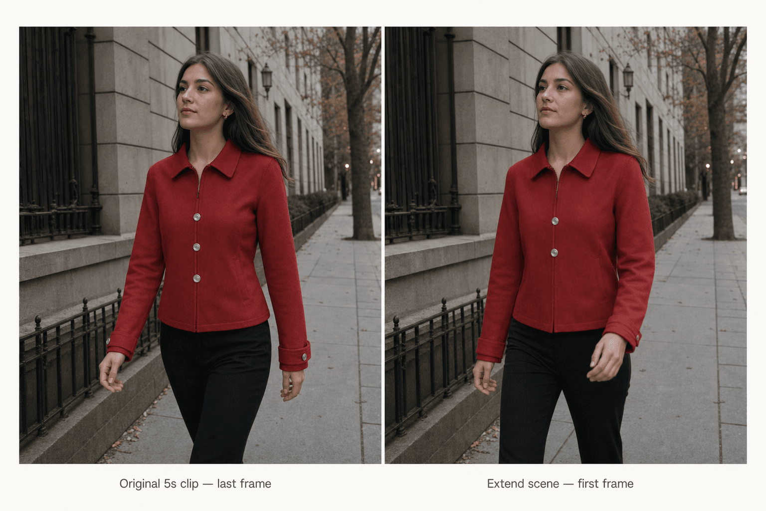 Side-by-side comparison of two generated video frames. Both show the same young woman in a red jacket walking left to right on a city sidewalk. The left frame shows her with three silver buttons on her jacket. The right frame shows the same scene but with only two buttons, a slightly different sleeve cuff, and marginally less defined fabric texture.
